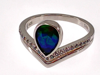 Kenneth Bradley Canadian Ammolite Teardrop Gem Ring Sterling Silver Sweetheart 7