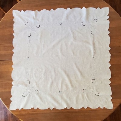 Linen Tablecloth 31'' x 31'' embroidered floral in very light  blue thread
