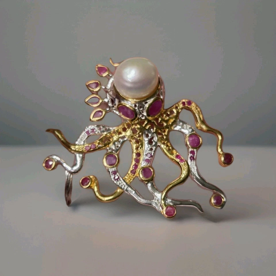 Broche grande de oro de plata de ley 925 pulpo artesanal de rubí natural y perlas 1605