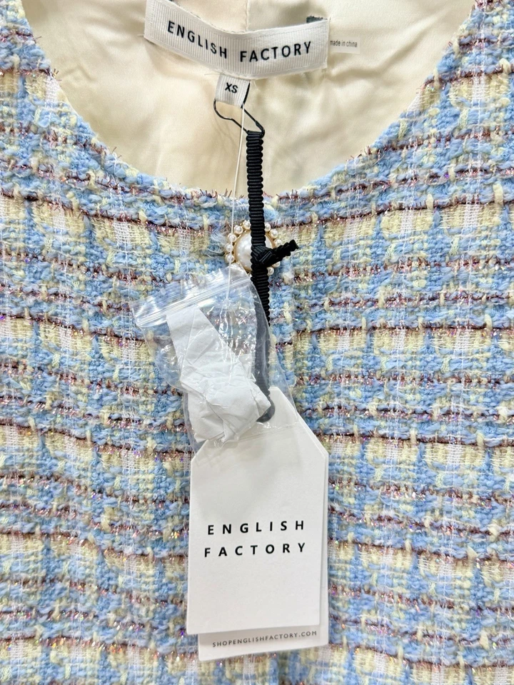 Английский заводской синий твид мини-платье жемчуг кнопки металлический без рукавов XS новый - Изображение 4 из 4