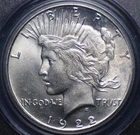 1922 S PEACE DOLLAR PCGS MS 63 LOVELY SILVER SATIN WHITE, CLEAR GOLDEN SPLASH ON