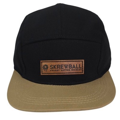 Skrewball Peanut Butter Whiskey 5 Panel Hat OSFA Black Tan Leather Patch Cap