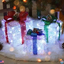 Set of 3 LED Christmas Lights Gift Box with Bows - Festive Decor for Tree & Room