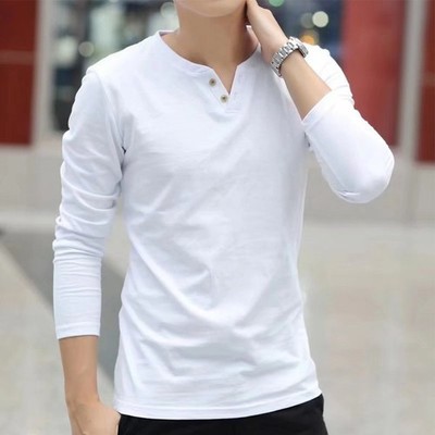 Stylish Men's Button V Neck Henley T Shirt Slim Bottoming Tops Long Sleeve