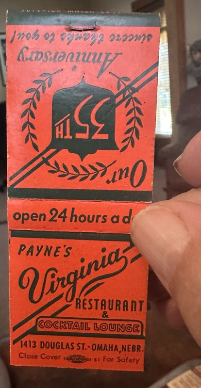 Omaha Nebraska Matchbook PAYNE’S VIRGINIA RESTAURANT Version #2