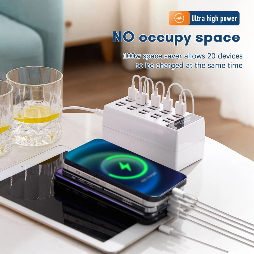 A-100W USB Charging Station USB Plug Charger 20-port Desktop Charger Compatible - Image 2 of 4