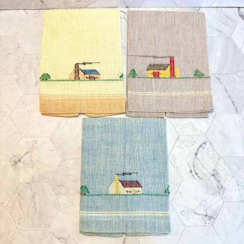 3 Vintage Linen Tea Towels Hand Embroidered Woven Yellow Purple Blue Cabins EUC