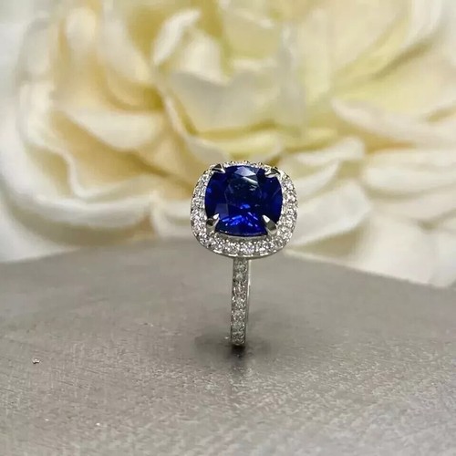 4.40 CT Blue Sapphire Cushion Cut Lab Grown Diamond Wedding Ring 950 Platinum - Picture 3 of 13