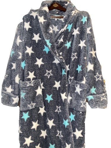Soft Fleece GRAY LONG Robe Shawl Collar BLUE WHITE STARS Plush Spa Bathrobe BELT