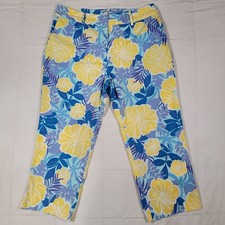 Vintage 90s Lilly Pulitzer Womens 12 Cropped Pants Hibiscus Flower Yellow Blue