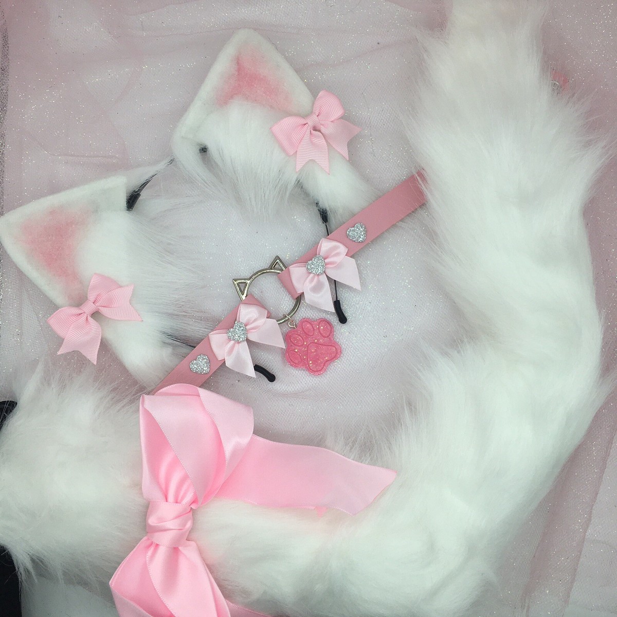 Pink and White Cat Ear Headband Pink Cat Ears and Tail Set – neko.to.mori main image 2
