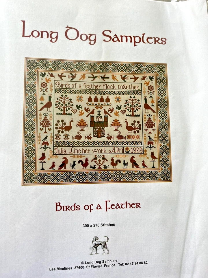 Long Dog Samplers BIRDS OF a FEATHER Cross Stitch Chart Birds Tree Peacock Urns - Image 2 of 4