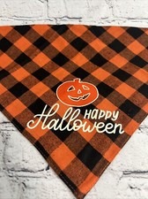 Happy Halloween Flannel Orange And Black Buffalo Plaid Dog Pet Bandana 26  x17  