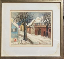 Watercolor Sign. E.ENDER 1989 View of Winter Small Town Woman Doing Laundry