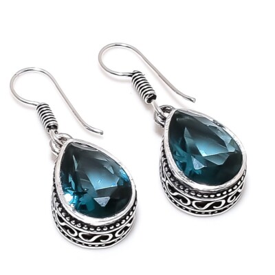 London Blue Topaz Gemstone Handmade 925 Sterling Silver Jewelry Earring Sz 1.20''