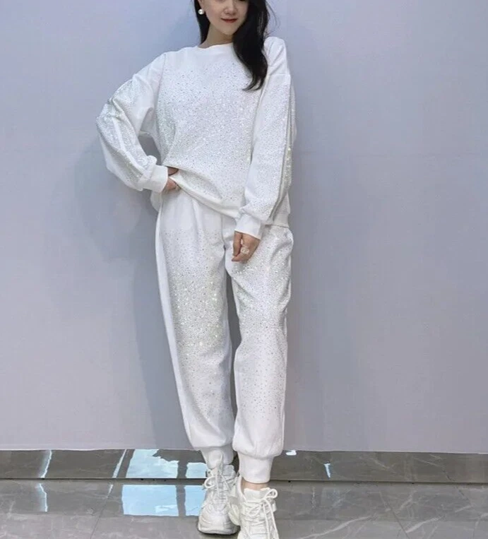 Nuevo conjunto de 2 piezas de chándal de lujo con diamantes de imitación para mujer negro blanco rosa Foto 3 de 4