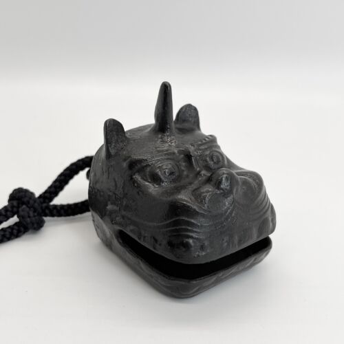 Japanese Antique Vintage Bronze Bell Amulet SHISHI Lion Mask Signed, 1960’s