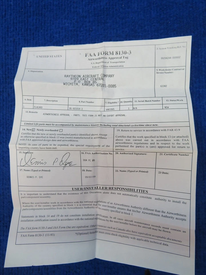 Cartel colador de combustible de haya P/N 95-921014-3 NOS con 8130 (0622-443) Foto 3 de 4