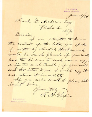 1894 Signed Letterhead F N Chapin Signed Hartford Connecticut CT 2 Frank Andrews
