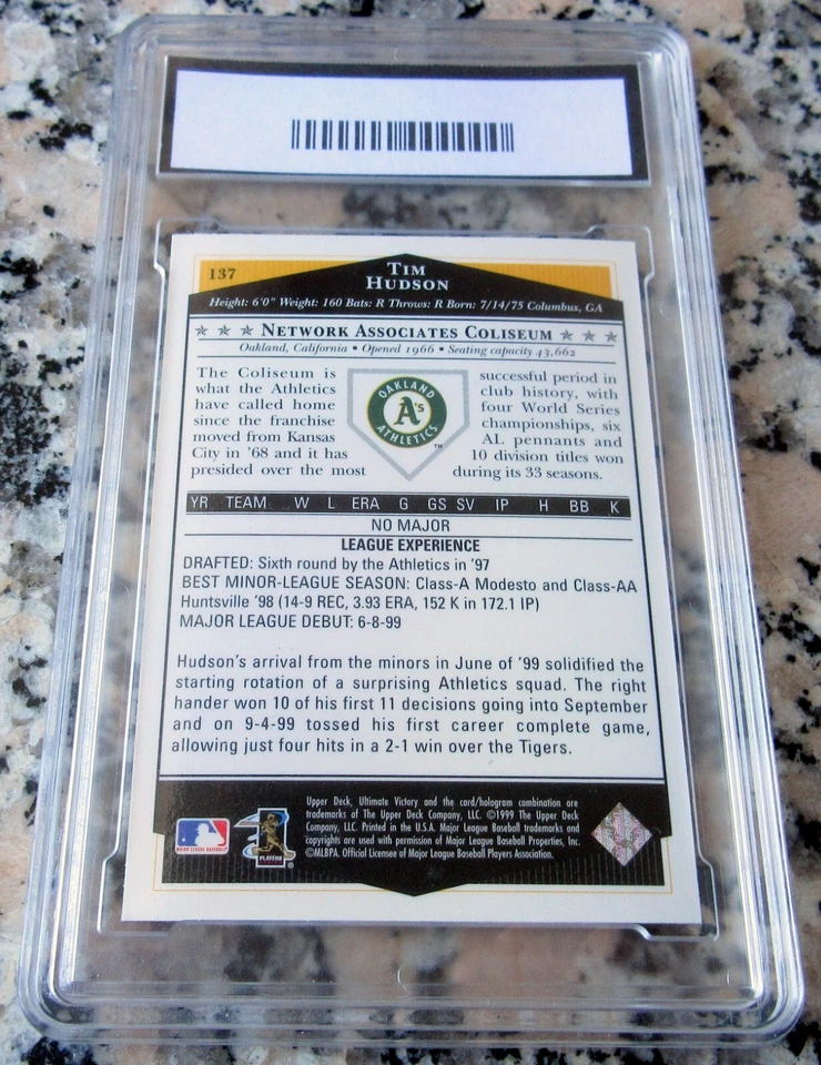 TIM HUDSON 1999 UD Ultimate Victory Rookie Card RC GMA 10 GEM MINT Braves HOF $$ - Image 2 of 2