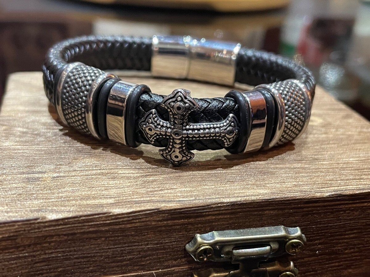 Bracelet Viking Ragnar En Cuir Noir Avec Chaîne Acier - Style Médiéval - Avec Boîte Et Pochette