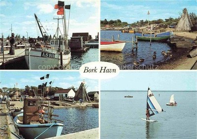 Bork Havn DK Fischerhafen Fischerboote Enten Windsurfer Angelbruecke Strand Holz