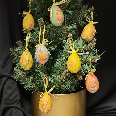 Lot of 8 Decoupage Paper Mache Style Easter Egg Ornaments Bunnies and Chicks