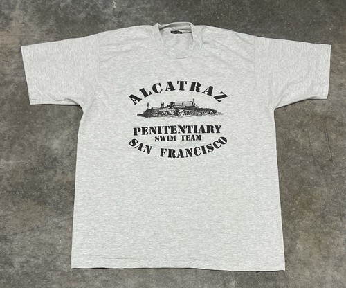 VTG 80’s Alcatraz Prison Swim Team San Francisco Gray Funny T-Shirt Large - Picture 1 of 13