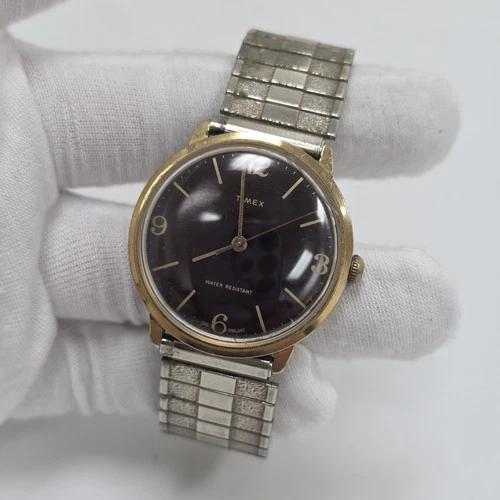 Vintage 1970s Timex Marlin Plum England Dial Mens Watch Mechanical Wind Up Runs