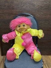 Vintage 22  Giant Russ Troll Doll Pink  Yellow Clown Outfit, Pink Hair