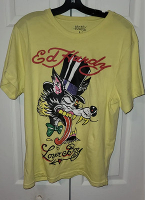 ED HARDY WOLF LOVER BOY YELLOW GRAPHIC TEE NWOT