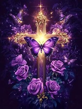 5D Golden Cross Diamond Art Kits for Adults Beginners Purple Roses Diamond Pa...