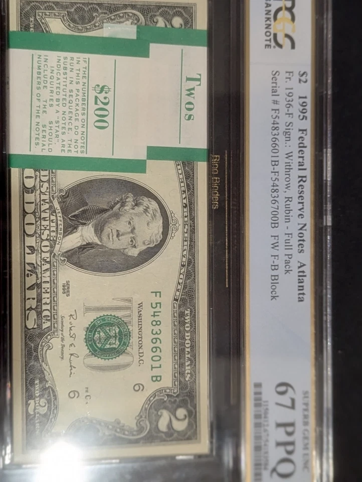 Strap of 1995 Two $2 Dollar Bill Notes $200 Face PCGS 67 PPQ Superb Gem Unc - Image 2 of 4