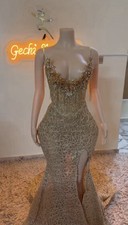 Gold Lace Mermaid Evening Dress S/M, Sequin  Ruffle Accents, Slit, V-Neck
