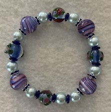 Ladies Blue Rose Pink Floral LampWork Glass Pearl Beaded Stretch Bracelet7.5