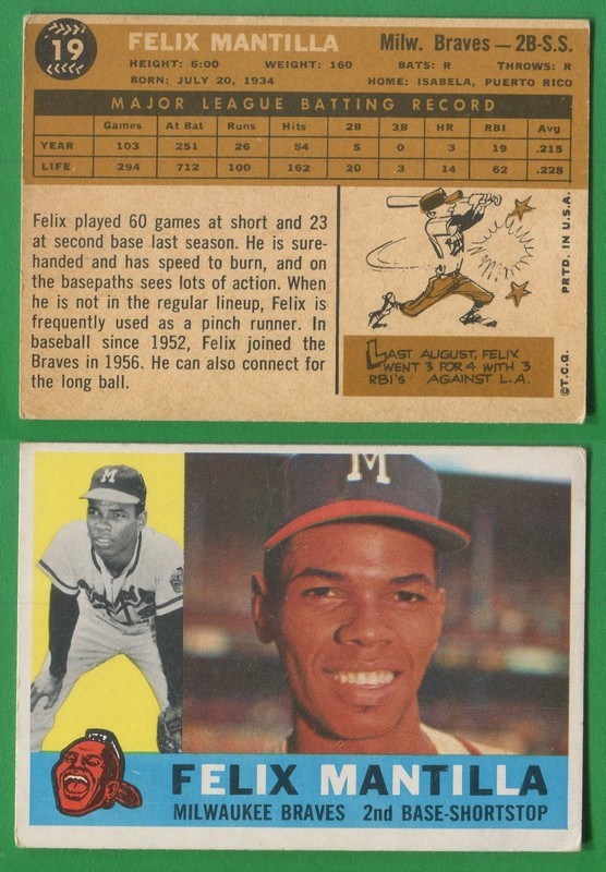 1960 Topps Baseball ~~~ FELIX MANTILLA ~~~ No. 19 ~~~ Free S/H