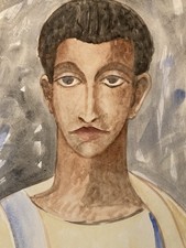 Große Zeichnung Gouache Auf Papier Mann 1950 Porträt Gemälde A Identify Antik