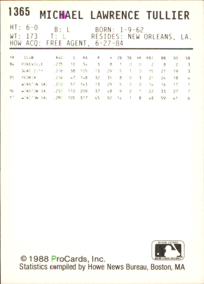 Mike Tullier 1988 ProCards #1365 RC Pittsfield Cubs FREE SHIPPING AutographDen - Image 2 of 2