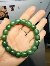 Hetian Jade Bracelet green Russia 12mm NATURAL AUTH 和田玉俄碧菠菜辣绿直切