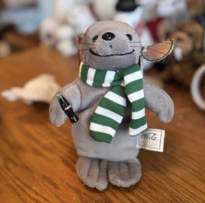 Coca Cola Plush Seal In Green Stripe Scarf Bean Bag Coke Bottle 1997 Vintage