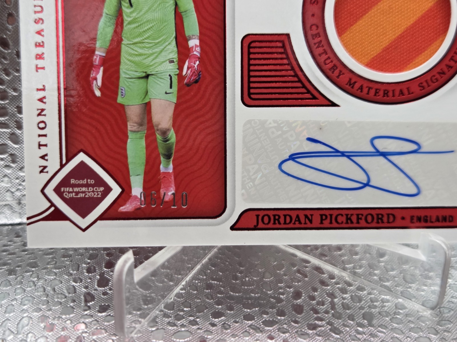 2022 Panini National Treasures FIFA World Cup Jordan Pickford Patch Auto Red /10 view 2