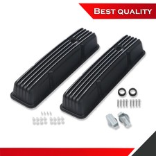 Black Aluminum Retro Tall Valve Covers Finned Suit Chevy Sbc 327 350 1958-1986