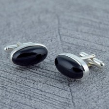 Black Onyx Gemstone Long Oval Cufflinks 925 Sterling Silver Jewelry Gift Father