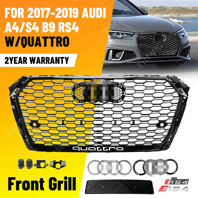 RS4 Style Honeycomb Front Mesh Hex Grille Black For Audi A4/S4 B9 2017-2019