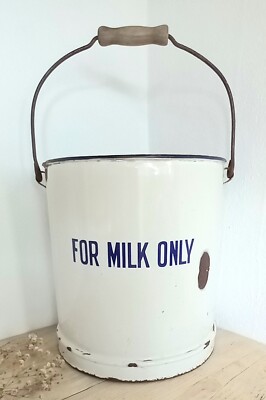 Vintage 3 Gallonen Emaillegeschirr Milcheimer, ''Nur Milch'' blaue Buchstaben, Graduierungen