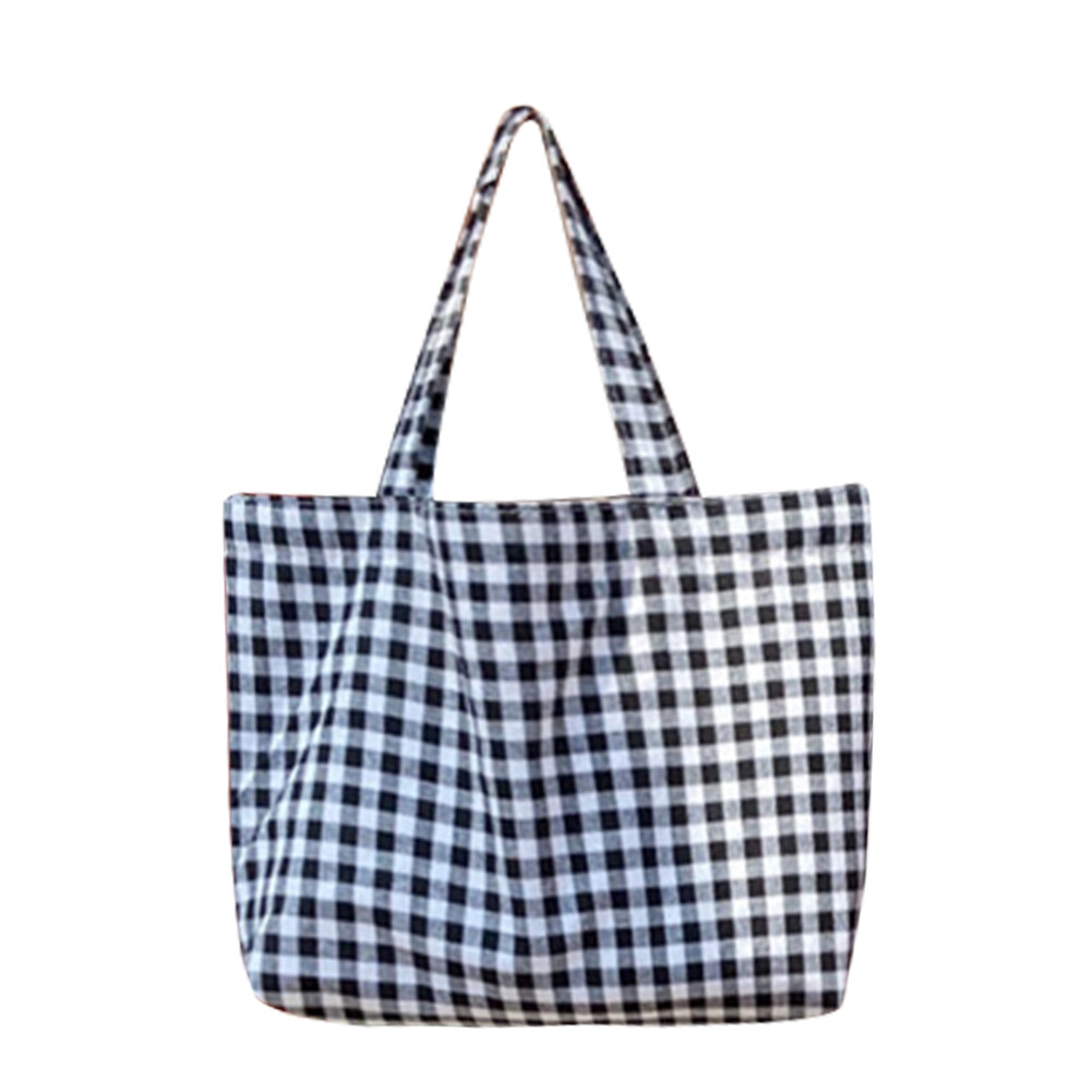 Women Portable Cloth Shopping Handbag Tote Plaid Food Picnic Bags (Black) eBay
