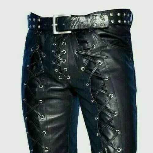 Men's Real Cow Leather Biker Pants Laces Up & Side Laces Leather Pants Sexy Bluf - Picture 4 of 4