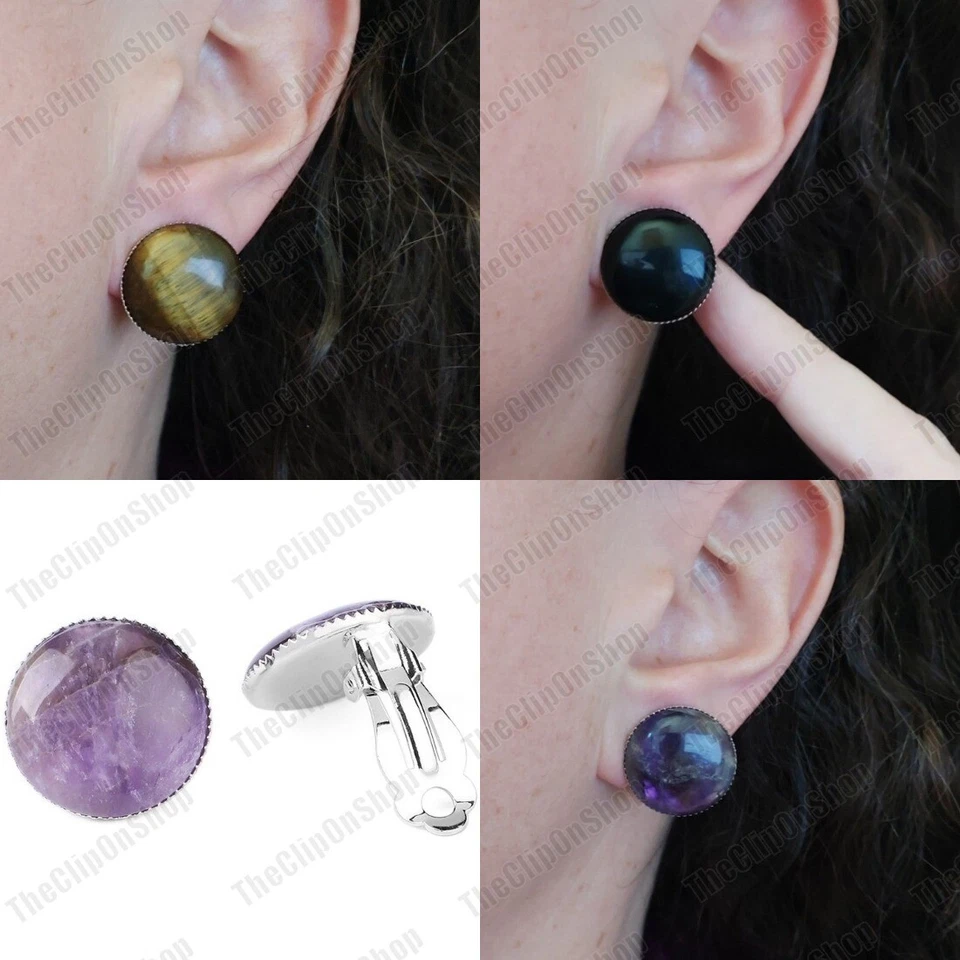 CLIP ON 2cm NATURAL STONE gemstone EARRINGS amethyst,quartz,onyx SILVER 18KGP - Image 2 of 2