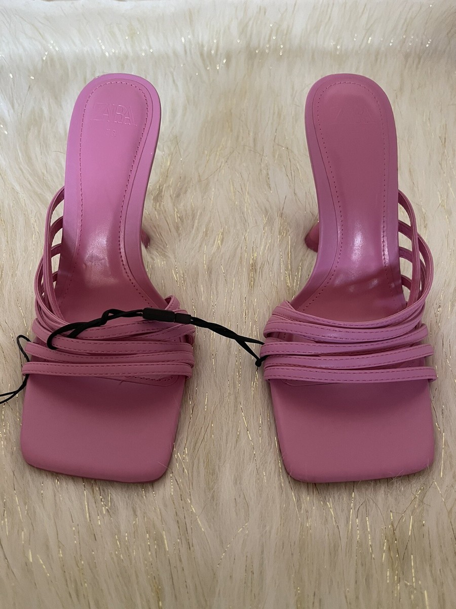 New ZARA HIGH HEELED STRAPPY SANDALS PINK USA EU 38