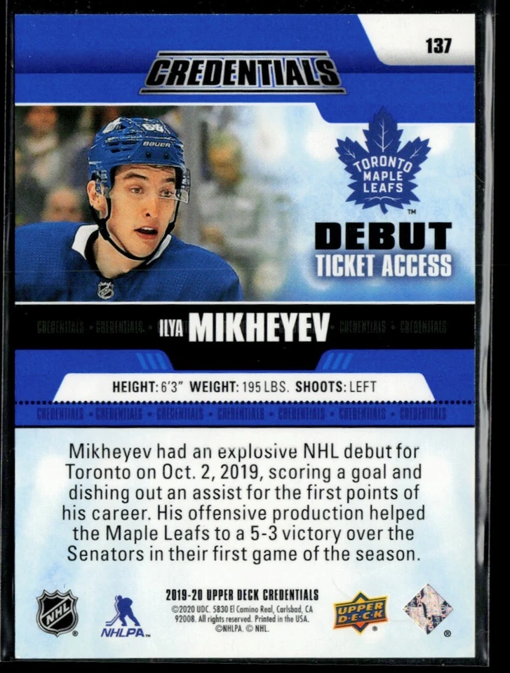 2019-20 Upper Deck Credentials #137 Ilya Mikheyev RC 371/499 - Image 2 of 2